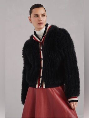 Dolce Cabo Black Faux Fur Bomber Jacket - Sporty Stripe Trim - XL (NWOT)
